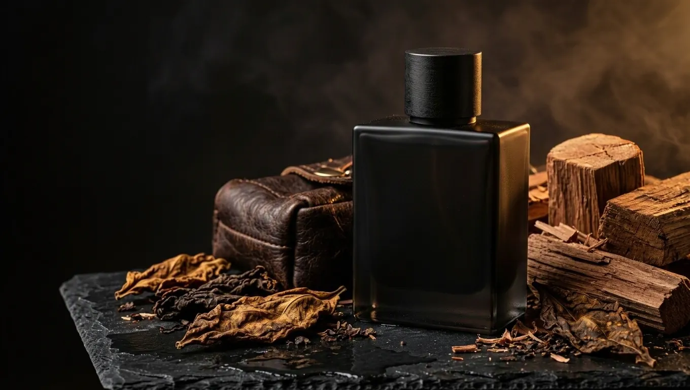 Frasco de perfume negro sobre pizarra con madera de cedro, cuero y tabaco
