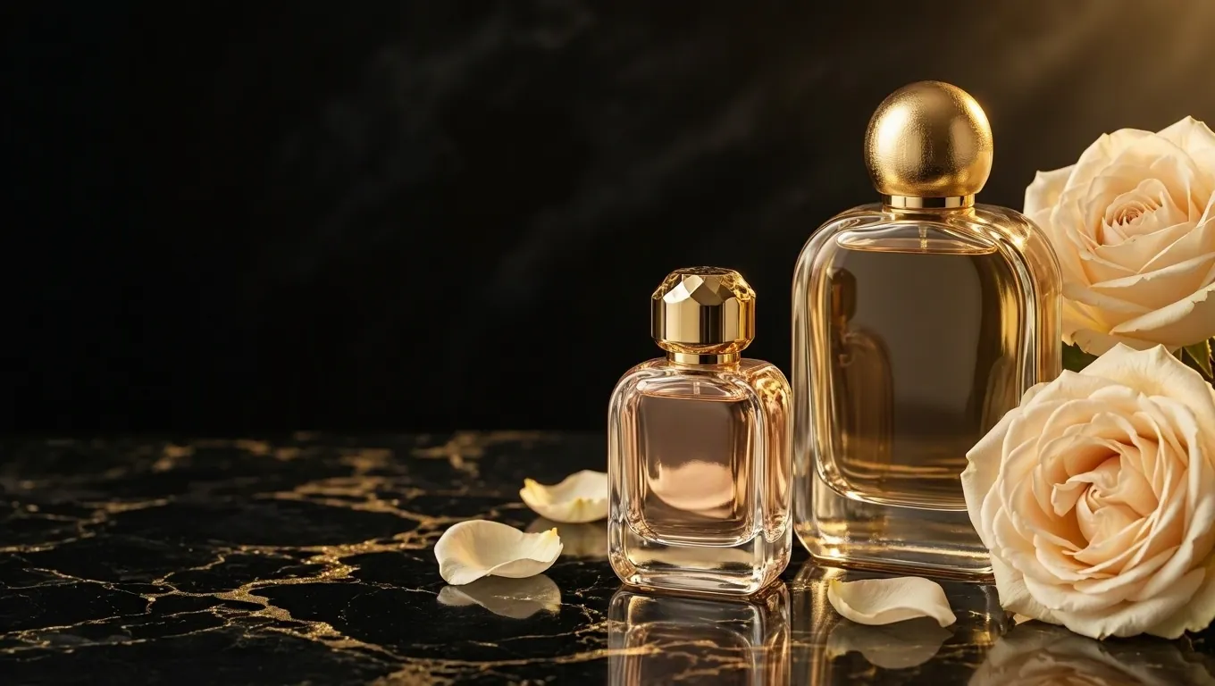 Frascos de perfume de vidrio champán con tapas doradas entre rosas crema sobre mármol negro