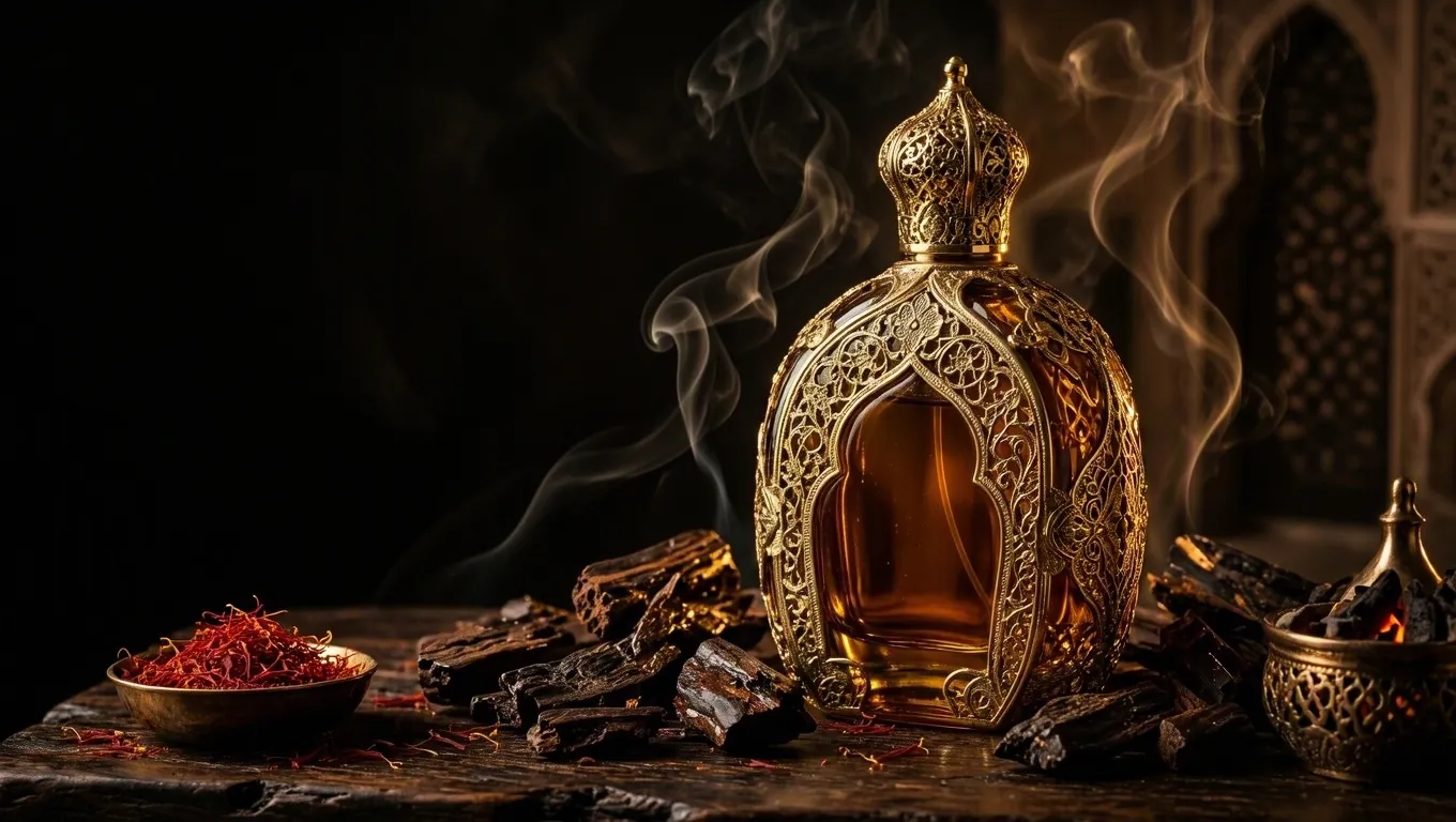 Frasco de perfume árabe dorado con astillas de oud, azafrán y humo