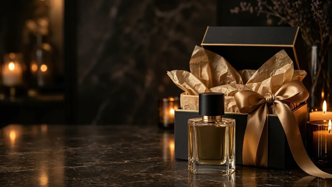 Perfume junto a una caja de regalo negra y dorada con moño de raso
