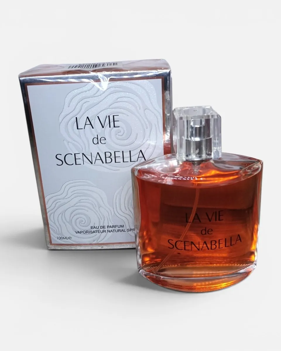 Perfume La Vie de Scenabella, frasco ámbar con su caja blanca